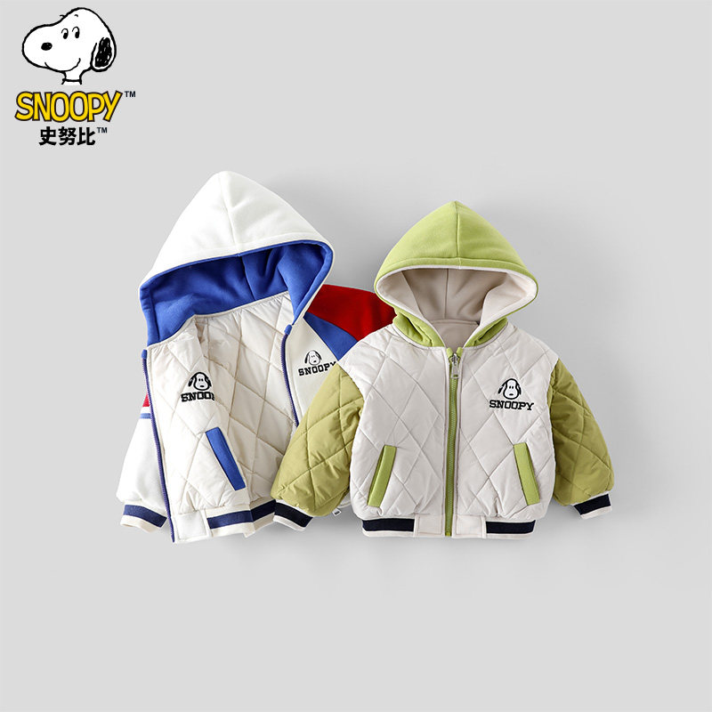史努比儿童时尚休闲棉衣拼接双面穿加厚保暖棉服卡通连帽外套上衣