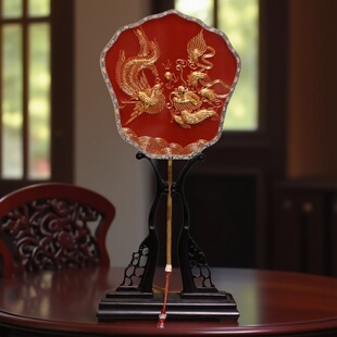 纯手工刺绣苏州刺绣扇子立体龙凤盘金绣喜扇单面20cm婚扇团扇结婚