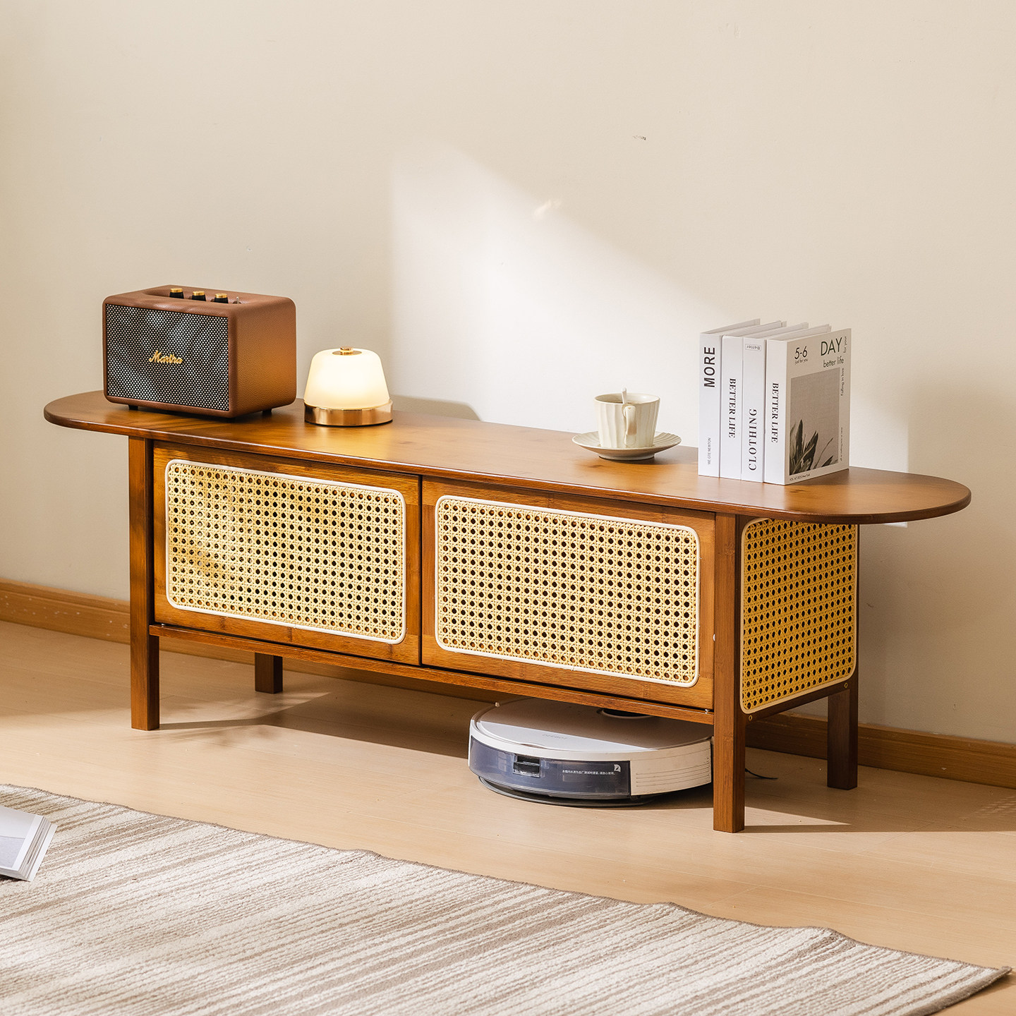 电视柜家用落地藤编日式小户型电视机柜客厅收纳储物柜一体地柜