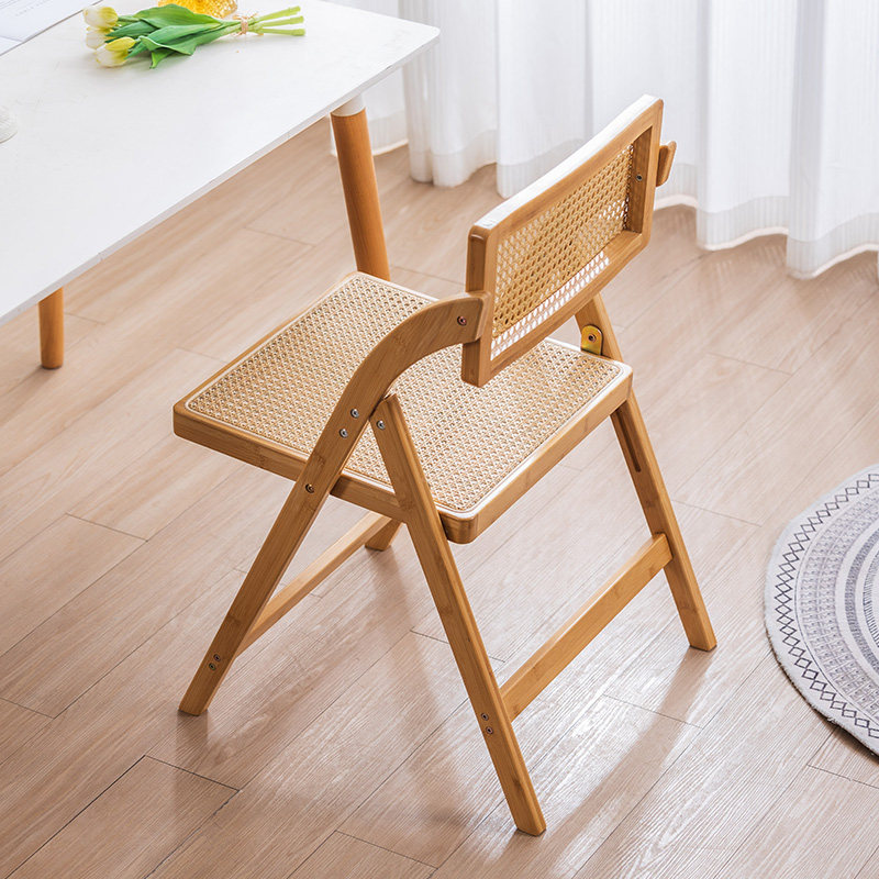 藤编折叠餐椅家用原木风餐桌凳子实木靠背椅子日式餐厅休闲吃饭椅