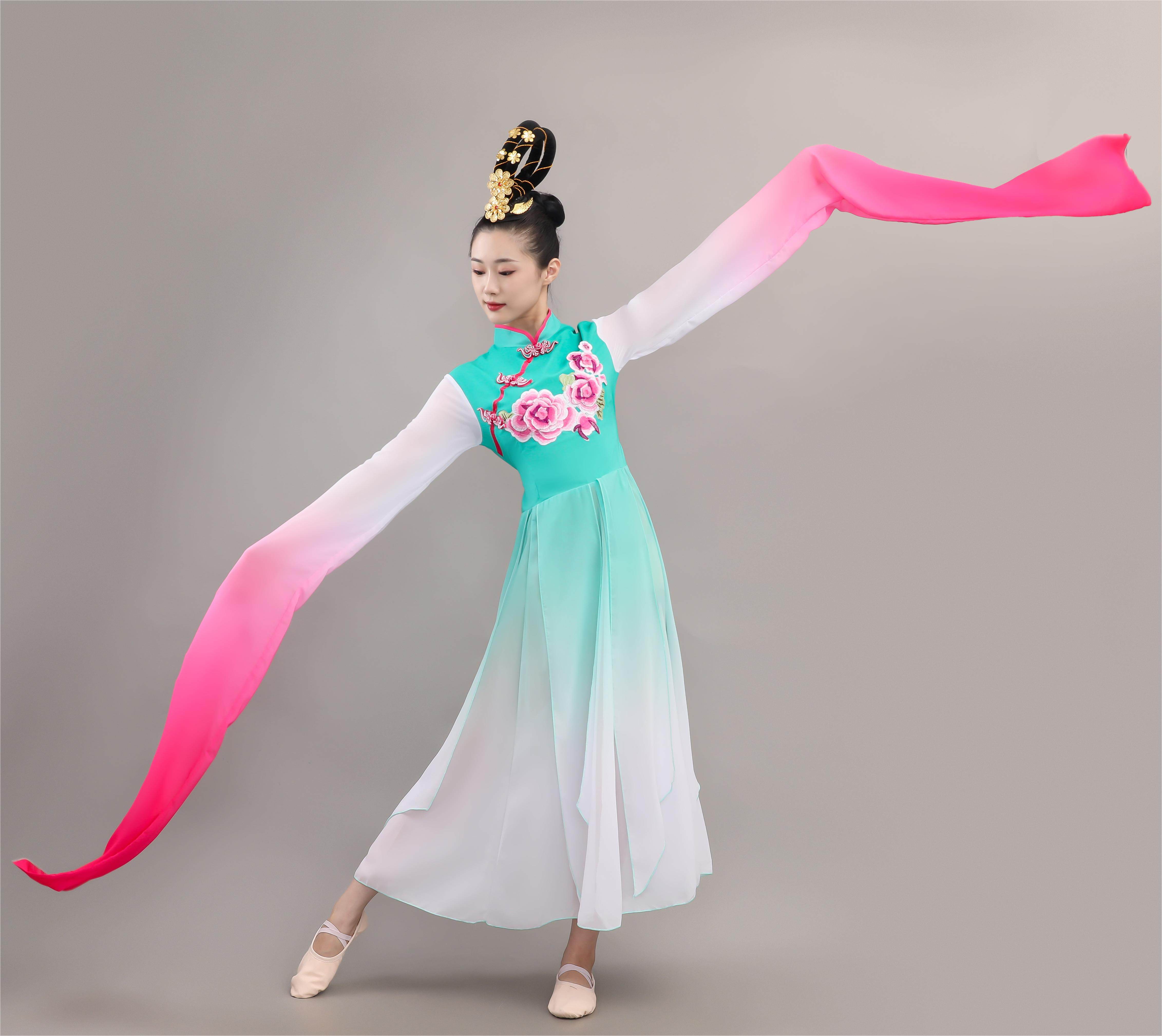 清新淡雅中国风古典舞演出服女飘逸伞舞扇子古典民族舞蹈服装水袖