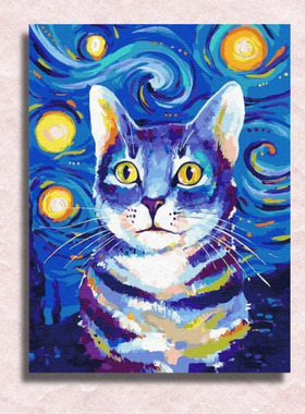 星空下的艺术猫数字油画diy填色手绘客厅装饰画打发时间减压神器