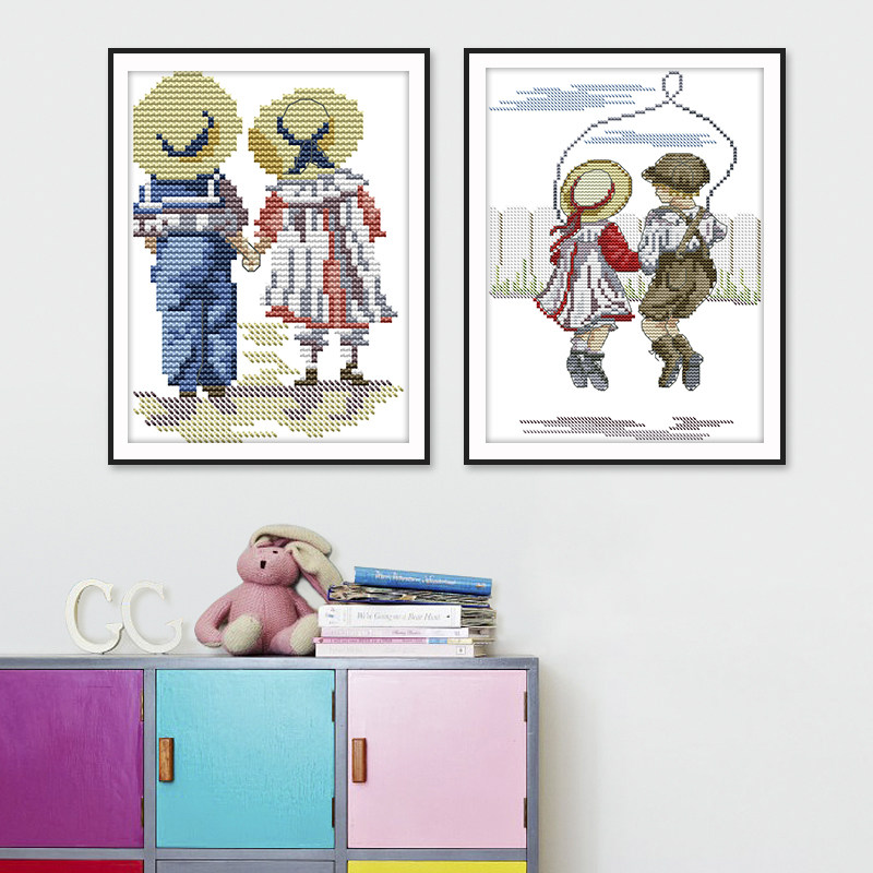 姐弟背影十字绣二胎宝宝出生纪念2023新款绣新手初学者小件材料包