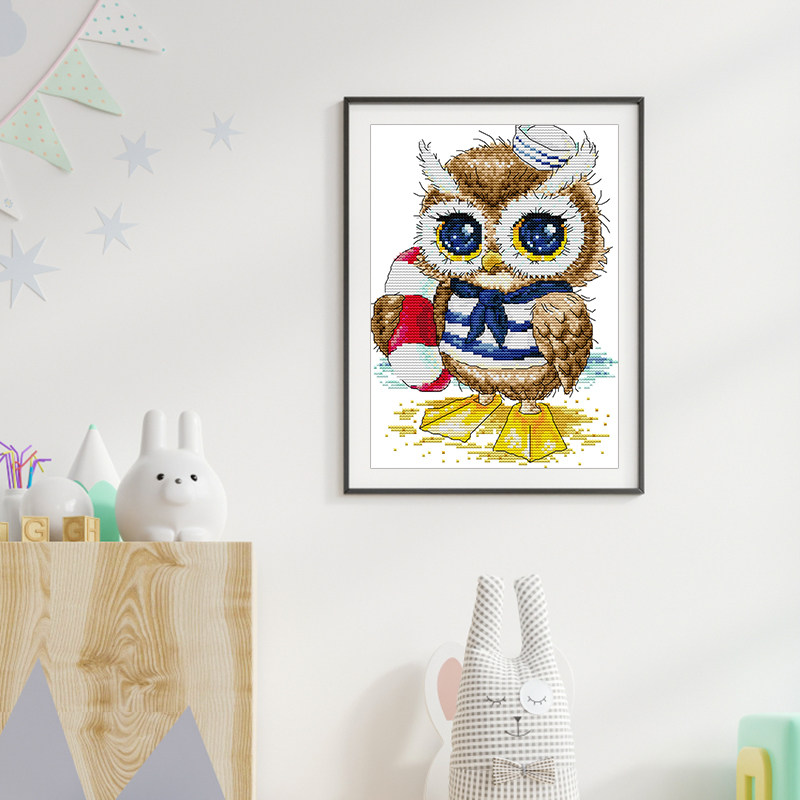 学游泳的猫头鹰卡通小件十字绣2023年新款线绣儿童卧室手工绣挂画