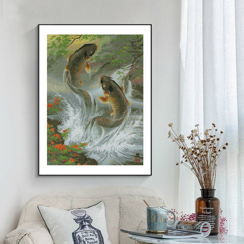 针爱99新款客厅吉庆吉祥图 鲤鱼跃龙门十字绣年年有余鱼 简单挂画