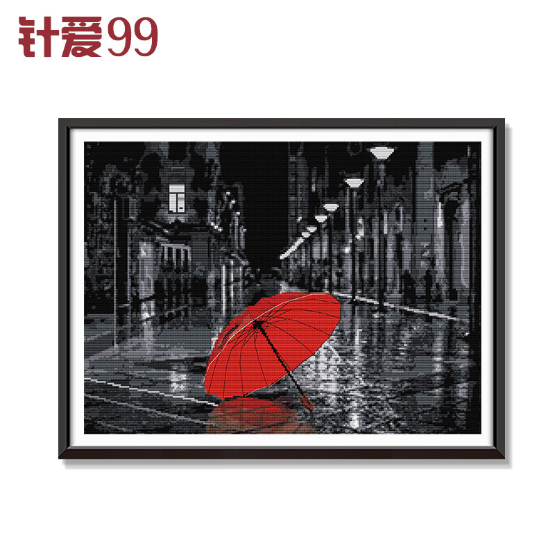 红色雨伞街头十字绣 全绣款满绣风景 2026新款简约欧式客厅刺绣画