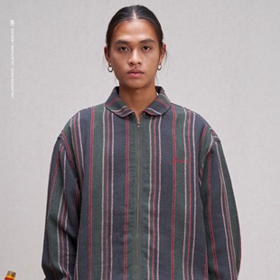 Unlimited Mote〔亚麻气球夹克〕棉麻色织条纹娃娃领抽绳外套