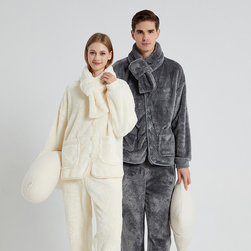 情侣睡衣套装2025新款秋冬季珊瑚绒法兰绒纯色加绒加厚起居家居服