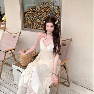 新款 洛月花神纯欲海边沙滩长裙女2023夏季 露背挂脖吊带连衣裙