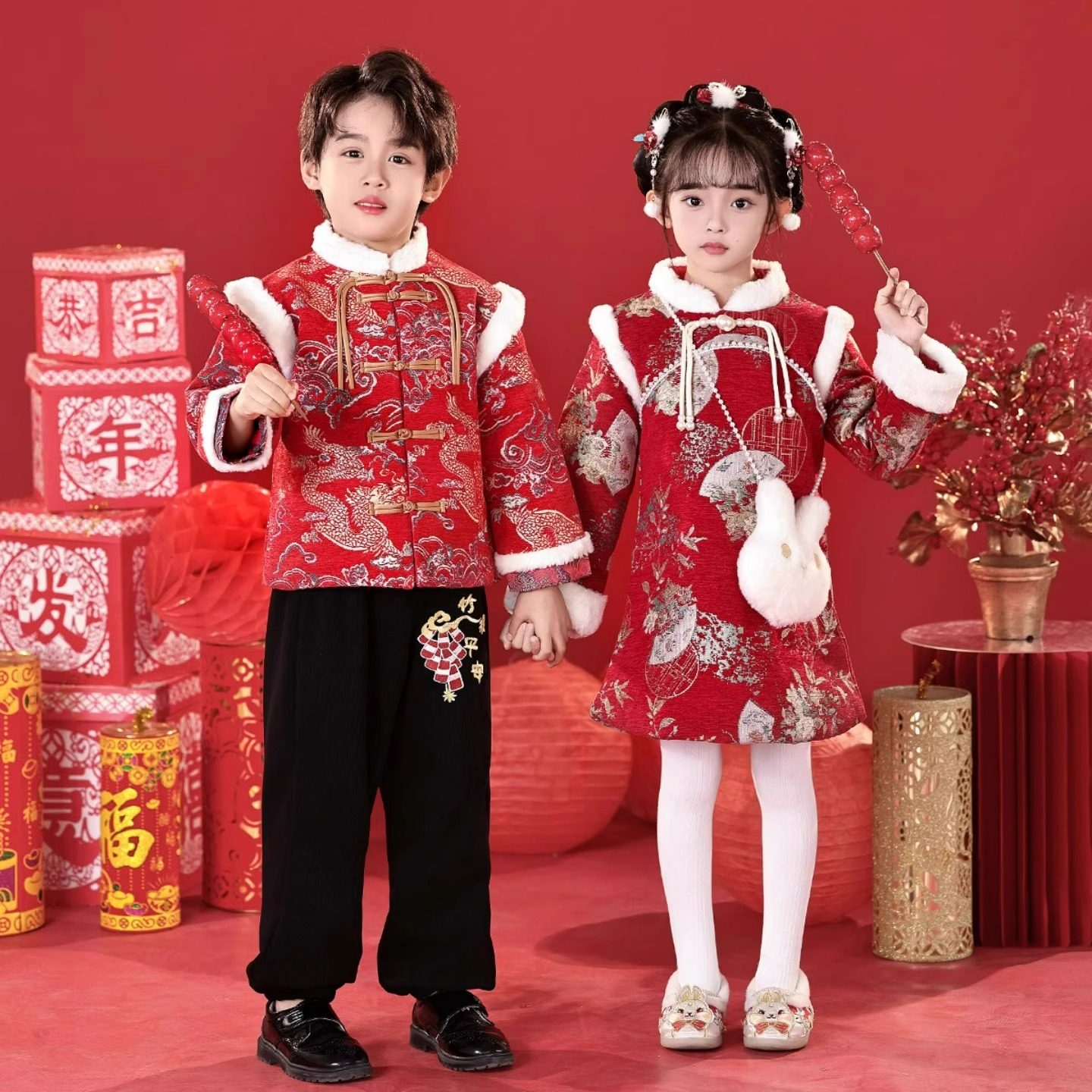 元旦儿童喜庆演出服开门红舞蹈表演拜年服幼儿园新年加绒加厚服装