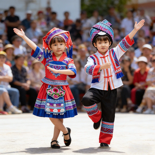 广西壮族服装三月三少数民族舞蹈演出服56个苗族服饰短裙衣服幼儿