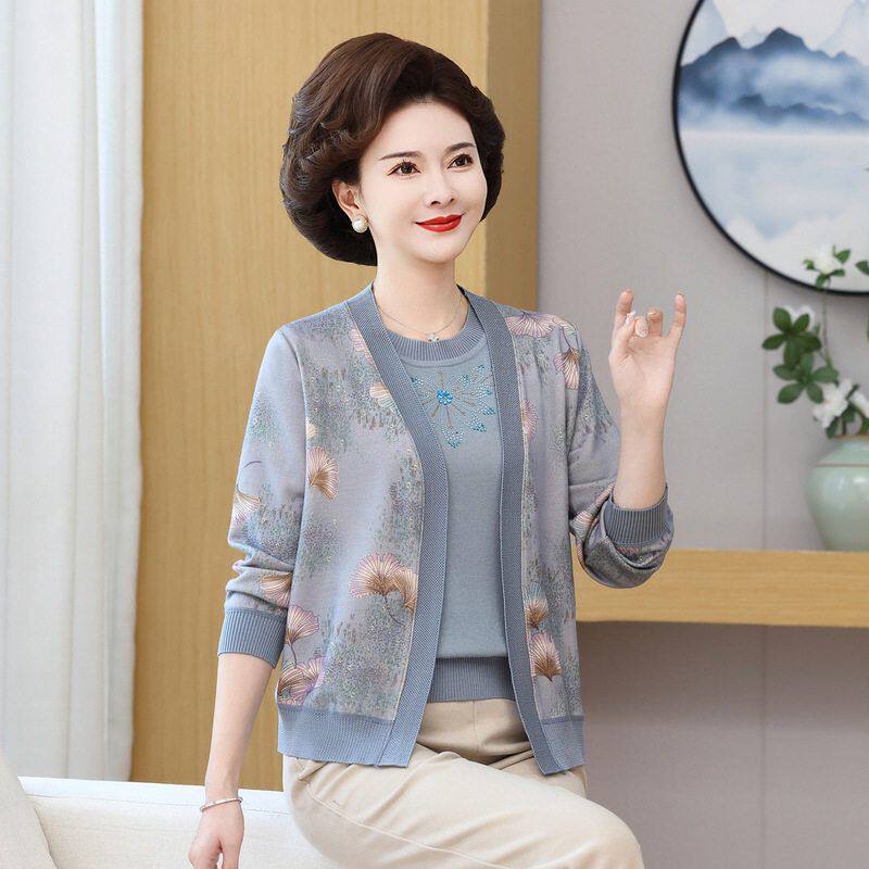 妈妈装冰丝T恤套装春秋薄外套中T恤