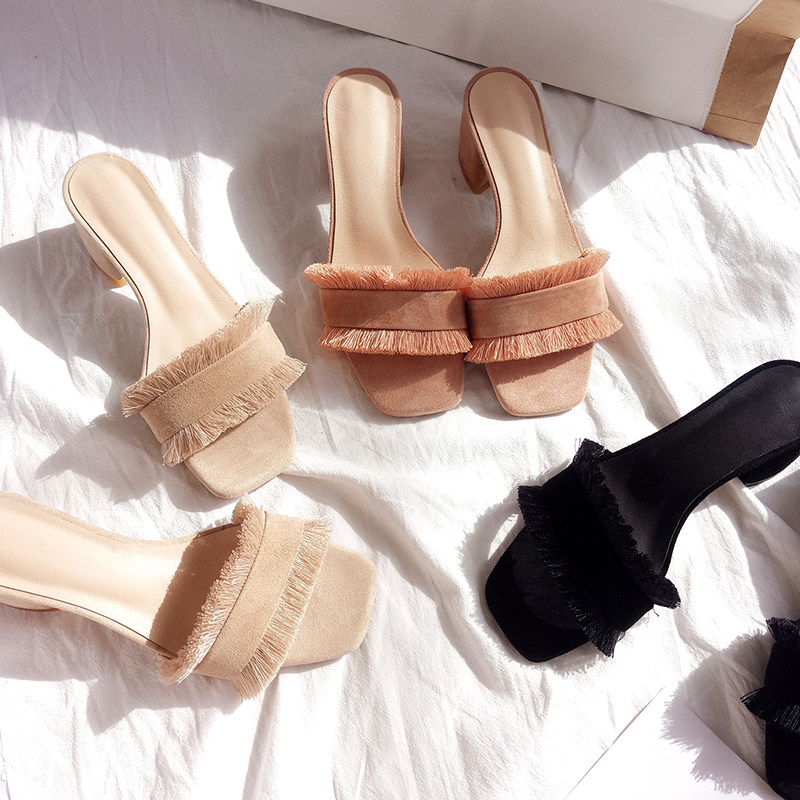 【吉米先生】网红流苏拖鞋女外穿粗跟2019新款仙女度假沙滩凉拖鞋在类目 女鞋, 拖鞋中 - 来自Buy2taobao.com提供专业的淘宝代购服务