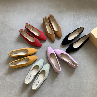 简约百搭绒面方头红色小单鞋女鞋子小清新仙女风不累脚通勤低跟鞋