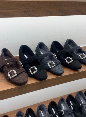 内增高方头水钻单鞋女鞋子2025秋冬季加绒灰色毛毛鞋玛丽珍晚晚鞋