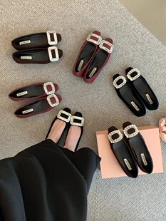 水钻女士浅口单鞋女平底低跟一脚蹬高级感法式气质仙女晚晚鞋婚鞋