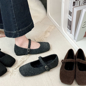 黑色温柔百搭加绒毛毛鞋 平底韩版 子2025新款 秋冬季 玛丽珍单鞋 女鞋