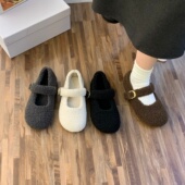 女冬外穿新款 韩版 呢子单鞋 灰色玛丽珍毛毛鞋 女平底加绒保暖棉鞋 子