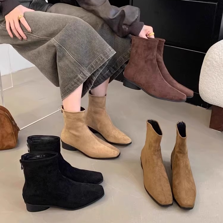 粗跟绒面韩系小踝靴女鞋短靴