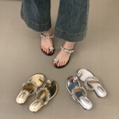 珍珠仙女鞋 女夏外穿海边配裙子鸽子蛋凉鞋 夹脚拖鞋 坡跟银色凉拖鞋