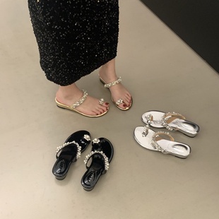 坡跟套趾凉拖鞋 子夏季 法式 仙女鞋 外穿2025新款 水钻高级感珍珠凉鞋