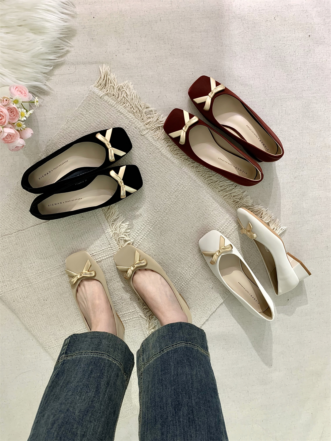 复古温柔蝴蝶结浅口新中式单鞋黑色气质中跟高跟鞋秋冬法式女鞋子,女鞋,浅口单鞋,淘宝优惠券,粉丝福利购,淘宝优惠卷