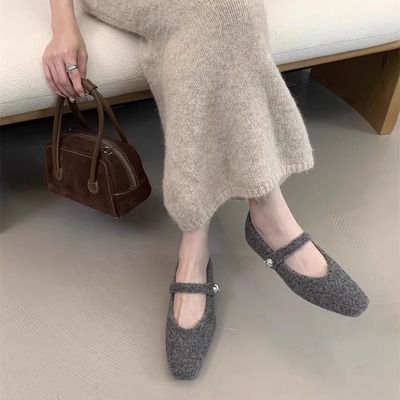 女鞋加绒低跟灰色松紧带呢子