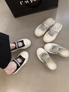 女2025夏季 爆款 厚底包头半拖帆布小白鞋 新款 外穿水钻韩版 玛丽珍鞋