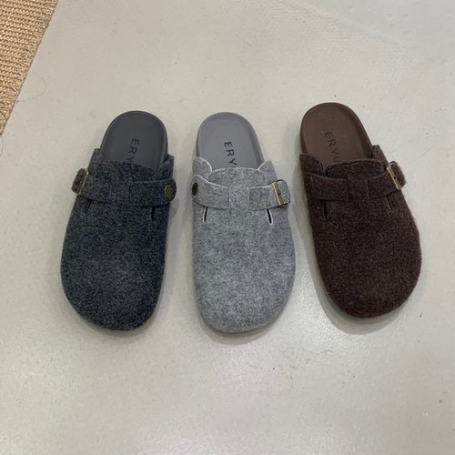 灰色毛呢圆头森系丑萌包头勃肯鞋子女软底舒适百搭懒人一脚蹬半拖