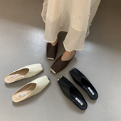 2025年夏秋新款 韩版 后空单鞋 金属方头包头半拖鞋 平底一脚蹬小皮鞋