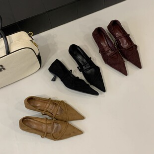 2025秋季新款气质绒面尖头小低跟高跟鞋时尚百搭复古显瘦通勤单鞋