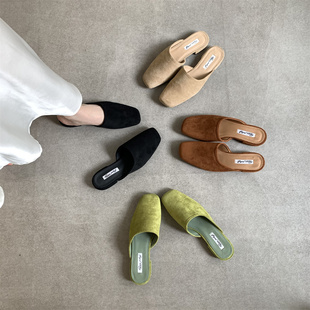 复古平底绒面包头半拖女2025年夏季 新款 时尚 百搭懒人通勤后空单鞋