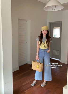 四面弹高腰九分阔腿裤女2025夏季新款薄料韩版修身显瘦微喇牛仔裤