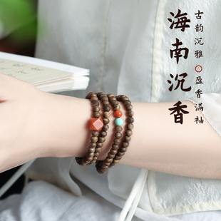 南木匠木质小珠子海南绿奇楠沉香手串女多圈中式文玩手链安神养身
