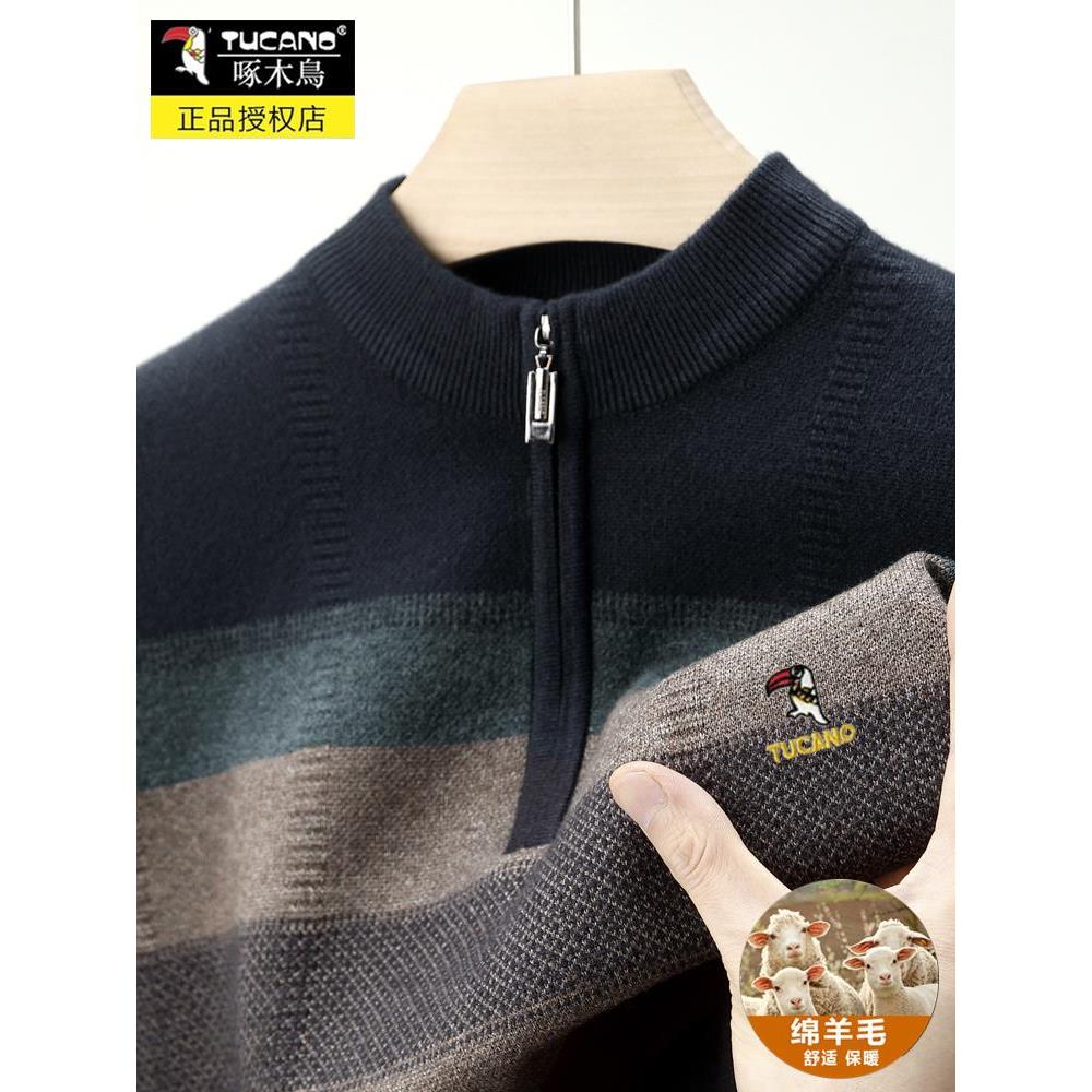 啄木鸟半高领条纹羊毛衫男