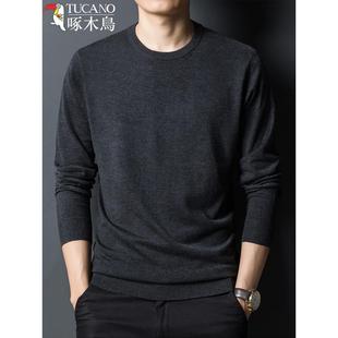 长袖 精纺衣服薄款 毛衣男 桑蚕丝纯色针织羊毛打底衫 啄木鸟秋冬新款