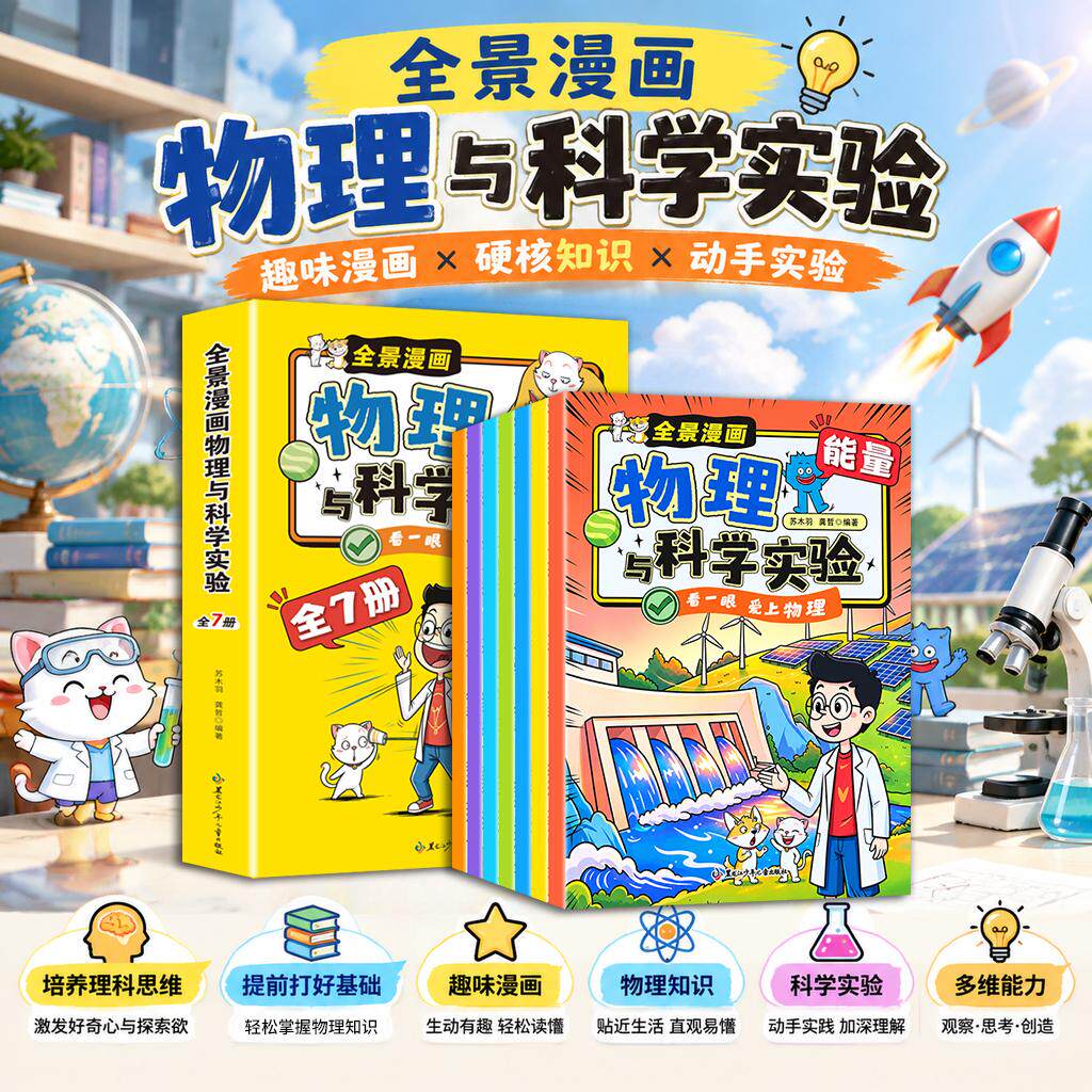 全景漫画物理与科学实验全套7册 6-12岁儿童趣味物理启蒙科普知识百科全书 小升初课外自然科学漫画书力声音光物质电磁能量