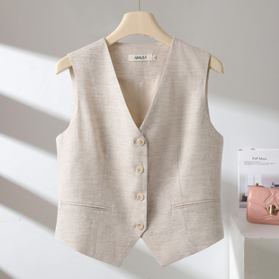 AIMUSA 26春夏老钱风原麻风亚麻V领马甲背心时髦洋气马夹上衣短款