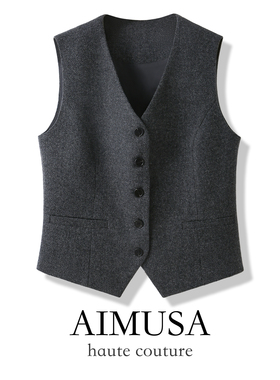 AIMUSA 25新款老钱风灰色羊毛呢西装马甲女秋冬加厚叠穿坎肩马夹