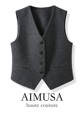AIMUSA 26新款格雷系老钱风灰色羊毛呢西装马甲背心女春款马夹