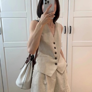 马甲背心短裤 AIMUSA 棉麻无袖 老钱风松弛感亚麻套装 两件套 25夏季