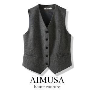 AIMUSA 26新款高级灰色羊毛呢马甲背心女春季叠穿无袖坎肩马夹