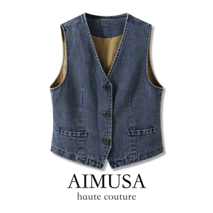 坎肩马夹背心 复古V领牛仔马甲时髦洋气短外套无袖 AIMUSA 26新款