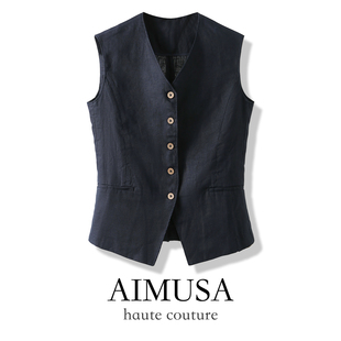 AIMUSA 26春夏高端轻薄汉麻马甲背心女修身显瘦藏青色马夹上衣