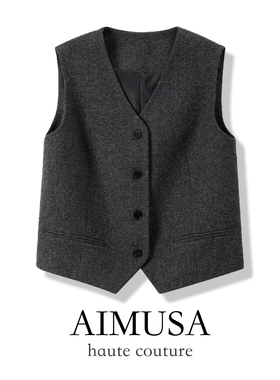 AIMUSA 26新款高级灰色羊毛呢西装马甲背心女秋冬时髦洋气马夹