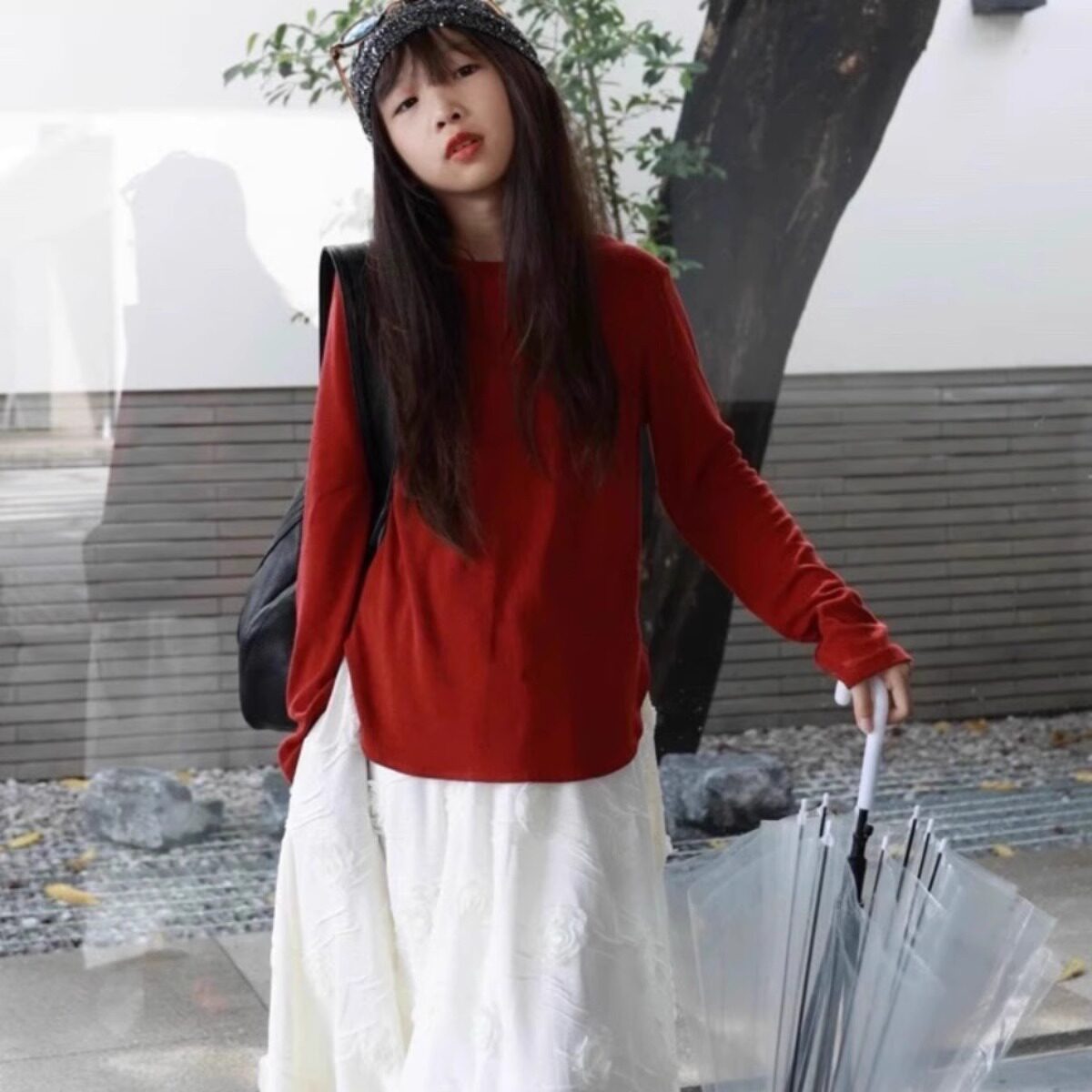 韩国童装豆丁黑色条纹修身上衣女童亲子红色长袖针织打底衫t恤秋