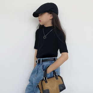 豆丁奇遇儿童时尚黑色条纹半高领修身女童短袖T恤上衣中大童洋气