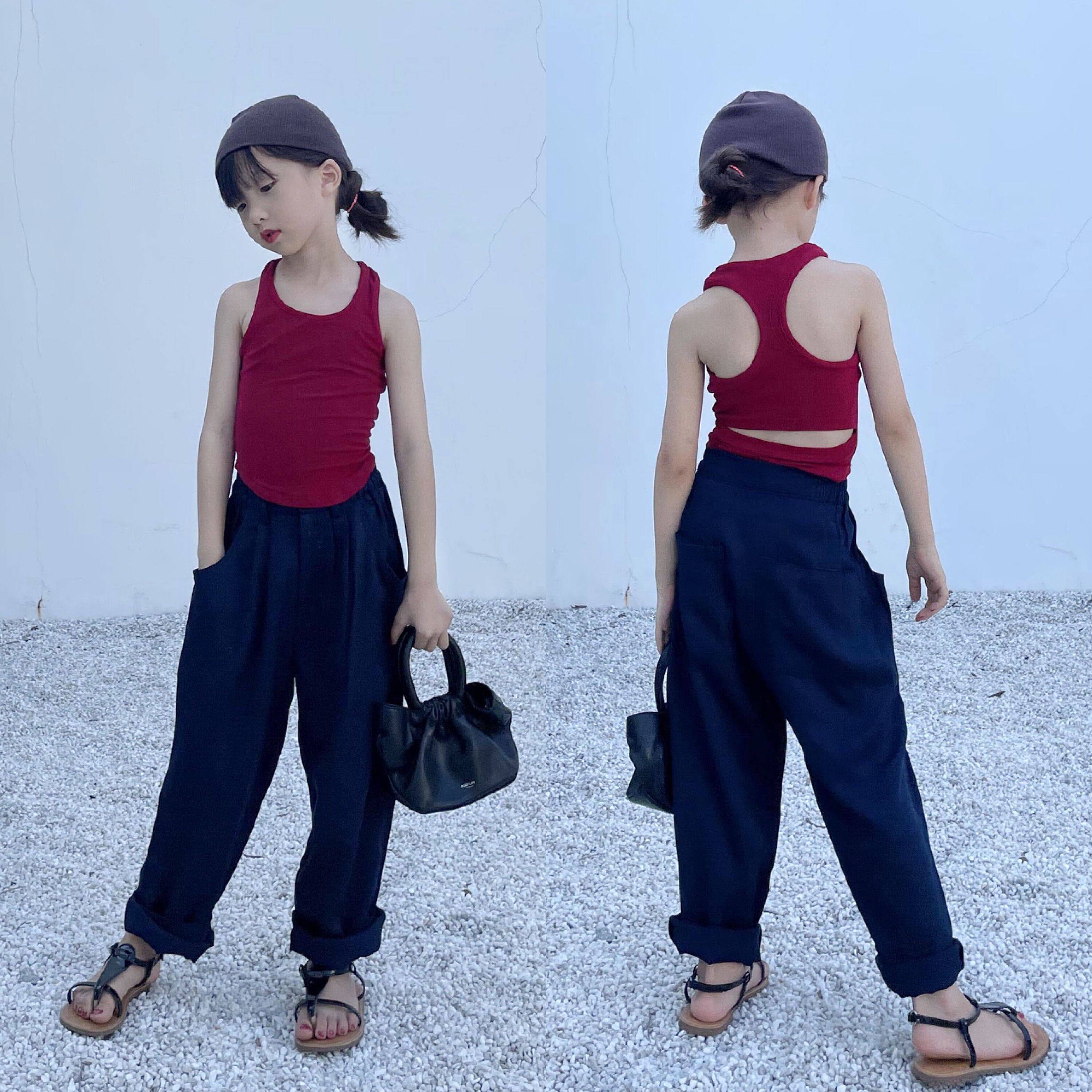 韩国童装纯色红色美背工字型小背心夏吊带薄款外穿女童纯棉夏季潮