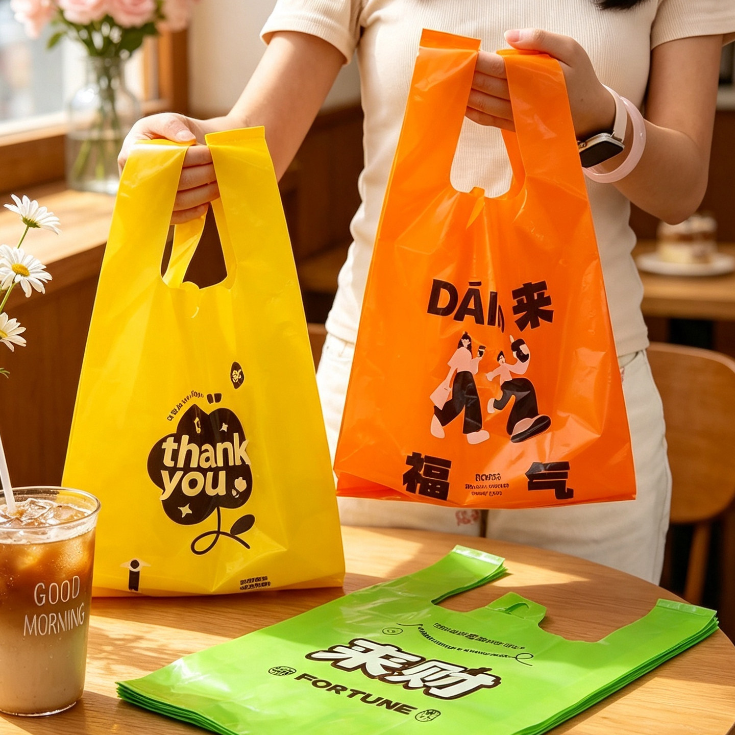 彩色打包袋加厚食品背心袋甜品糕点手提塑料袋水果外卖购物包装袋