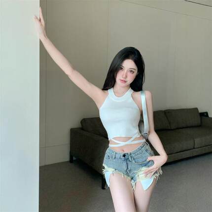 纯欲风绑带短款吊带辣妹性感背心针织女春夏季无袖挂脖露肩上衣